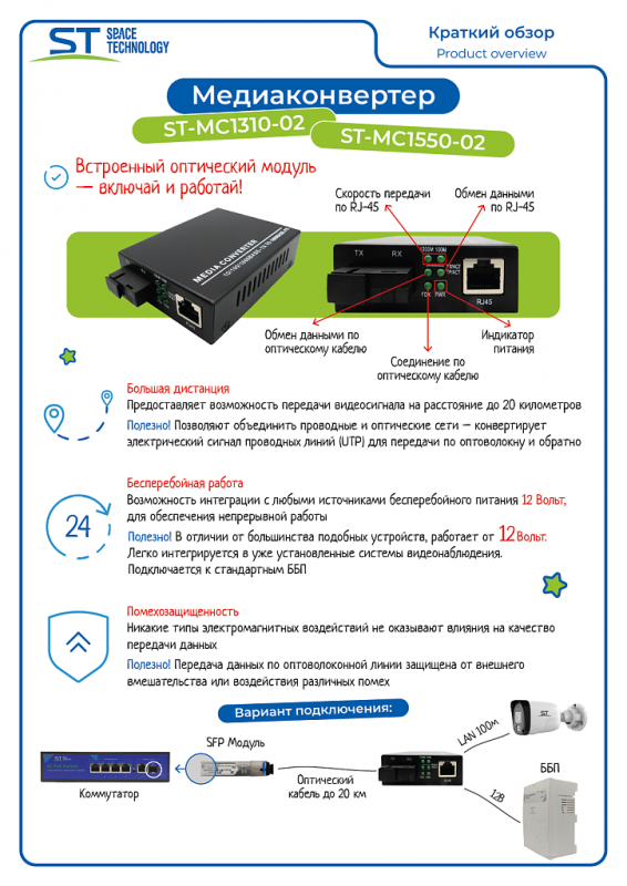 Медиаконвертер ST-MC1310-02 (20/G/SC/SM)