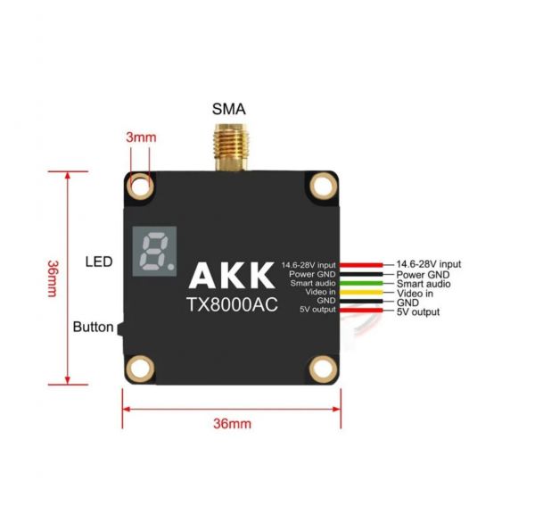 FPV видеопередатчик AKK TX8000AC 8Вт 4.9-6 ГГц (96 каналов)