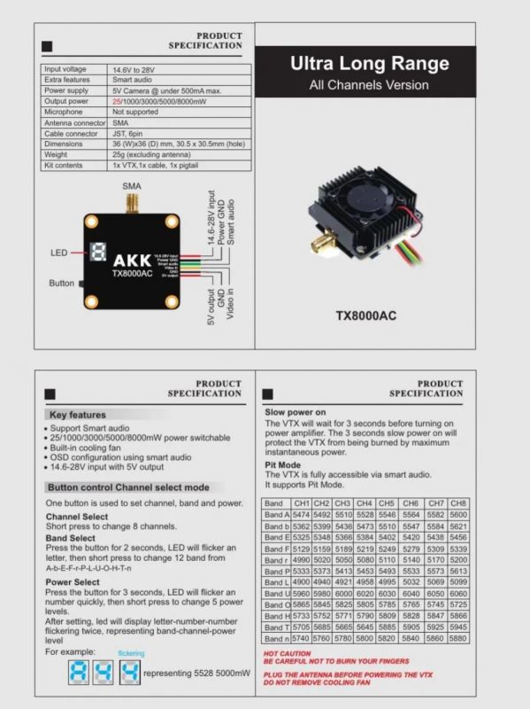 FPV видеопередатчик AKK TX8000AC 8Вт 4.9-6 ГГц (96 каналов)