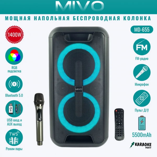 Акустическая колонка MIVO MD-655 с микрофоном BT/USB/TF/FM