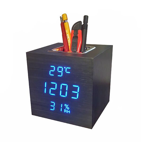Деревянные часы VST-878S-5 в виде подставки для ручек (подставка органайзер) с термометром