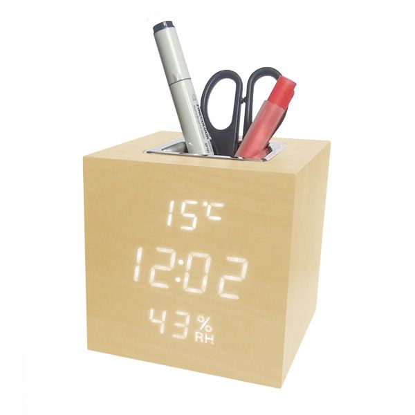 Деревянные часы VST-878S-6 в виде подставки для ручек (подставка органайзер) с термометром